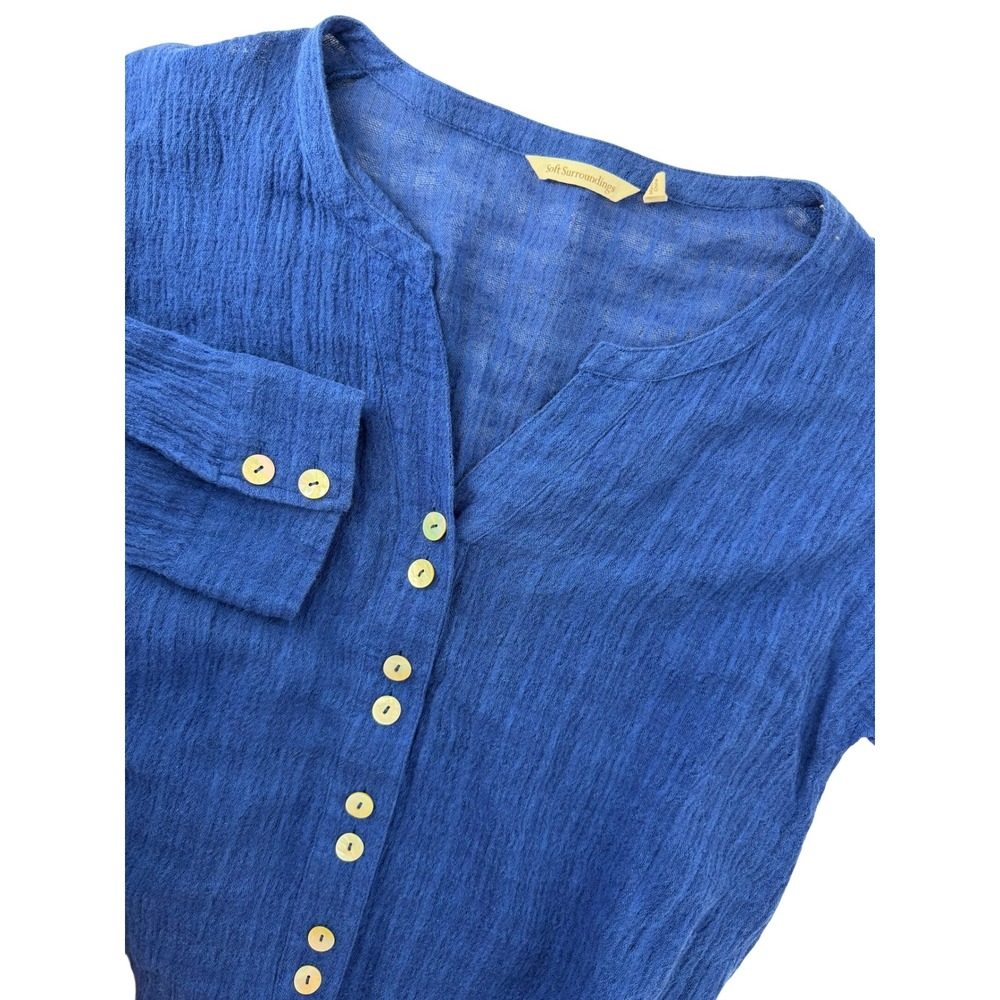Soft‎ Surroundings Blue Linen Cotton Crinkle Gauze Button Front Blouse PM Womens